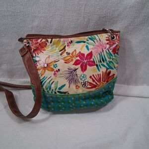 Plum Floral Coated Canvas Crossbody Purse Bag Boho Tropical Multi Pocket